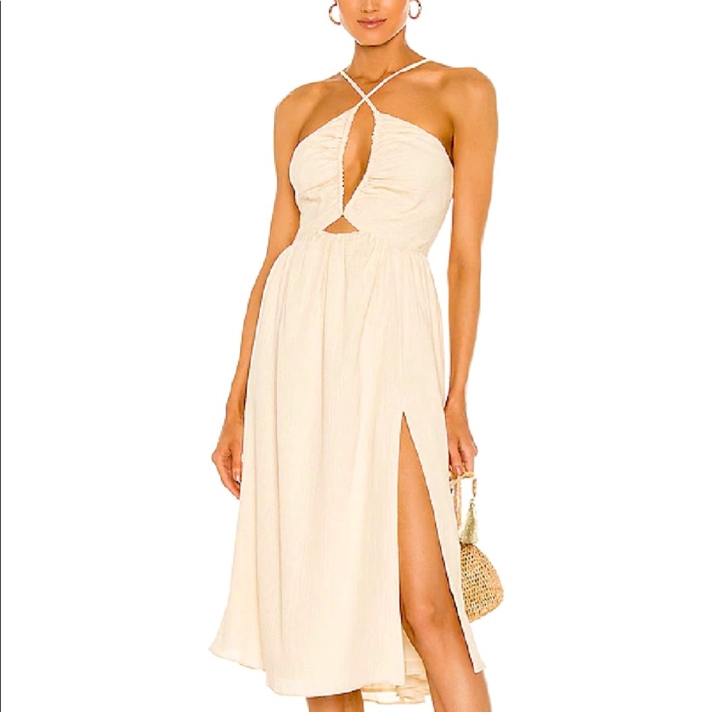 LPA Adalia Cross Front Cutout Midi Dress with Slit and Open Back - Cream Sz XL